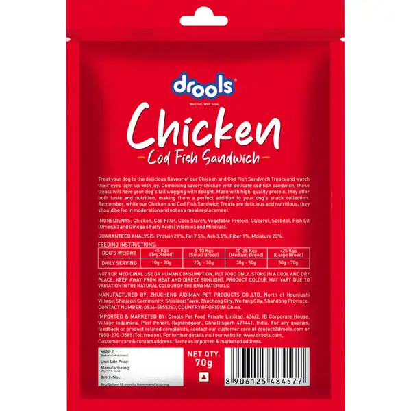 Chicken Cod Fish Sandwich – Drools Pack of Drools Chicken Cod Fish Sandwich treats for dogs, 70g, with ingredients and feeding instruct.